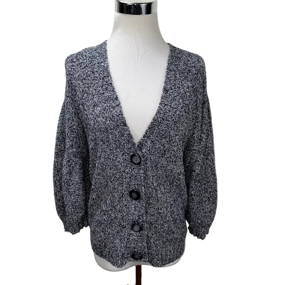 New J. Jill Black White Marled Cotton Blend Cardigan Sweater Lightweight - Picture 2 of 11